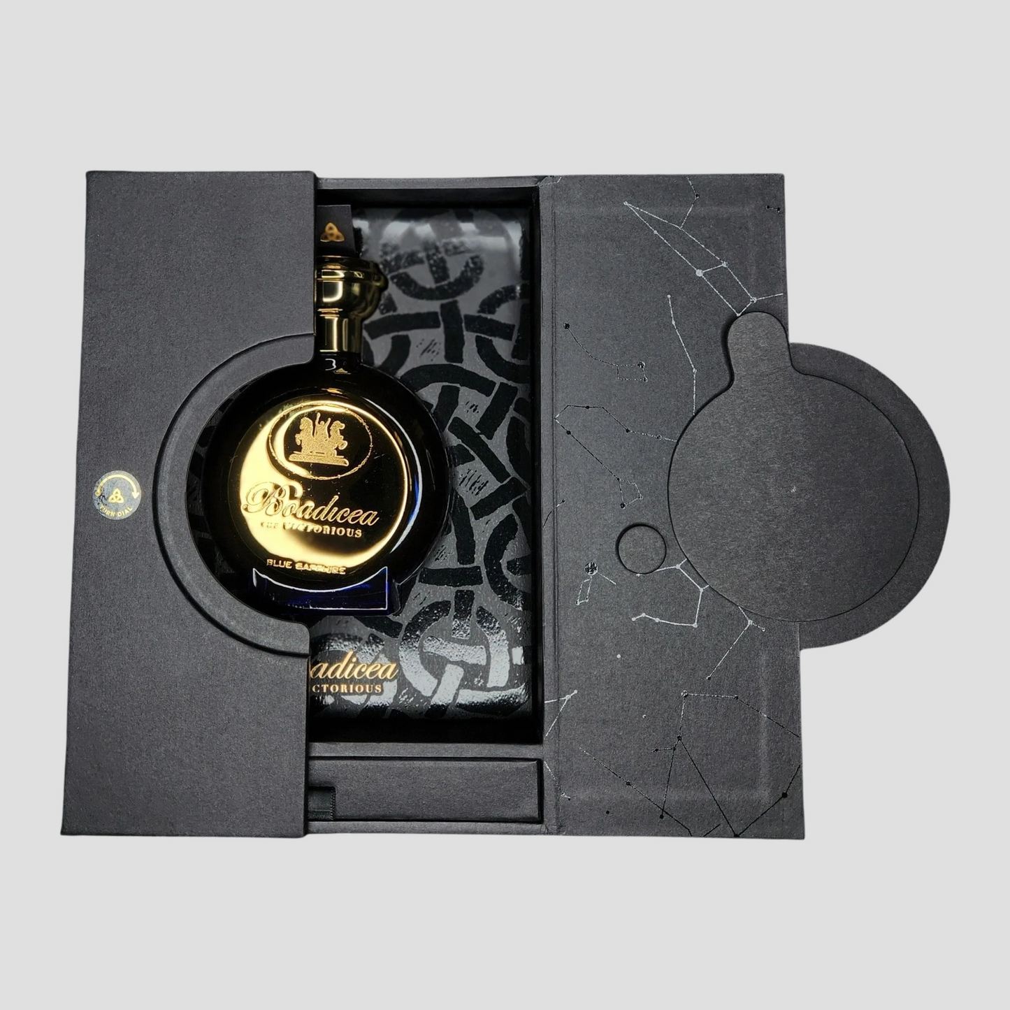 Bottle of Boadicea the Victorious blue sapphire in the box on a light grey background