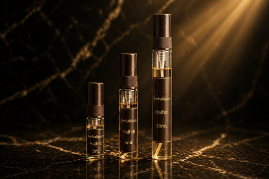 Fragrance decants 2mL, 5mL and 10mL sizes against a luxurious background with golden lighting