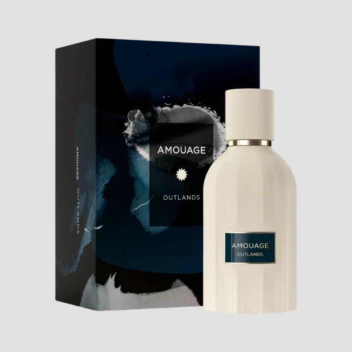 Amouage Outlands perfume bottle and packaging on a light gray background