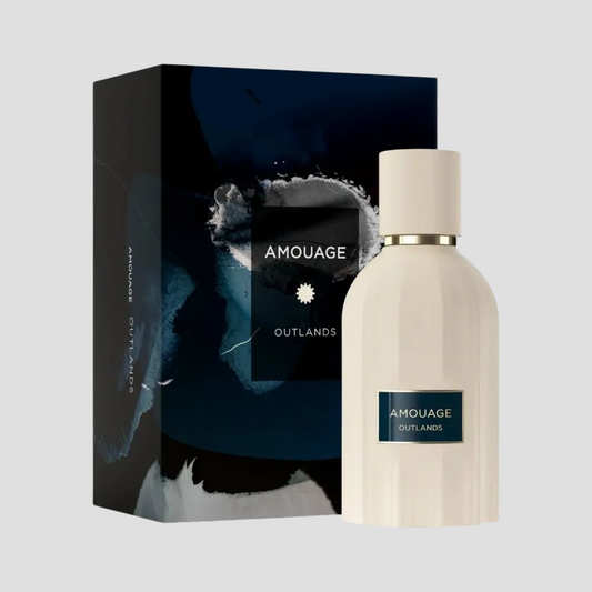 Amouage Outlands perfume bottle and packaging on a light gray background