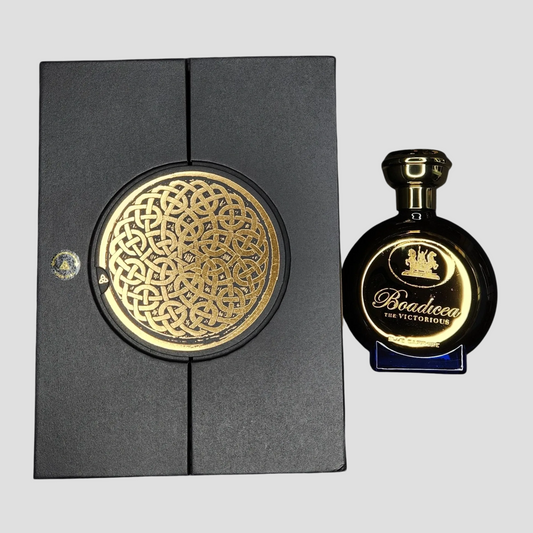 Boadicea the Victorious perfume bottle with decorative packaging on a light gray background