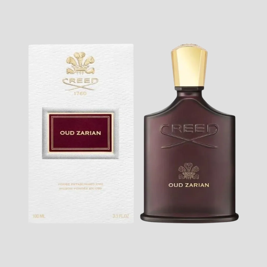 Creed Oud Zarian perfume bottle and packaging on a light gray background