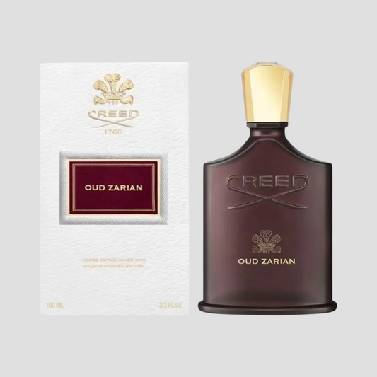 Creed Oud Zarian perfume bottle and packaging on a light gray background