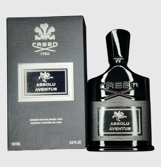 Creed Absolu Aventus perfume bottle and packaging on a light grey background