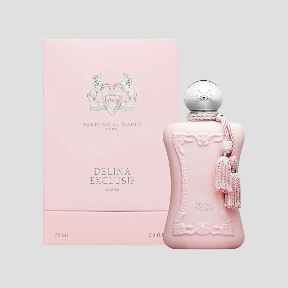 Parfums de Marly - Delina Exclusif perfume bottle and box on a light grey background