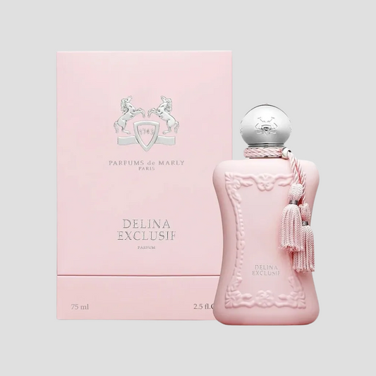 Parfums de Marly - Delina Exclusif perfume bottle and box on a light grey background